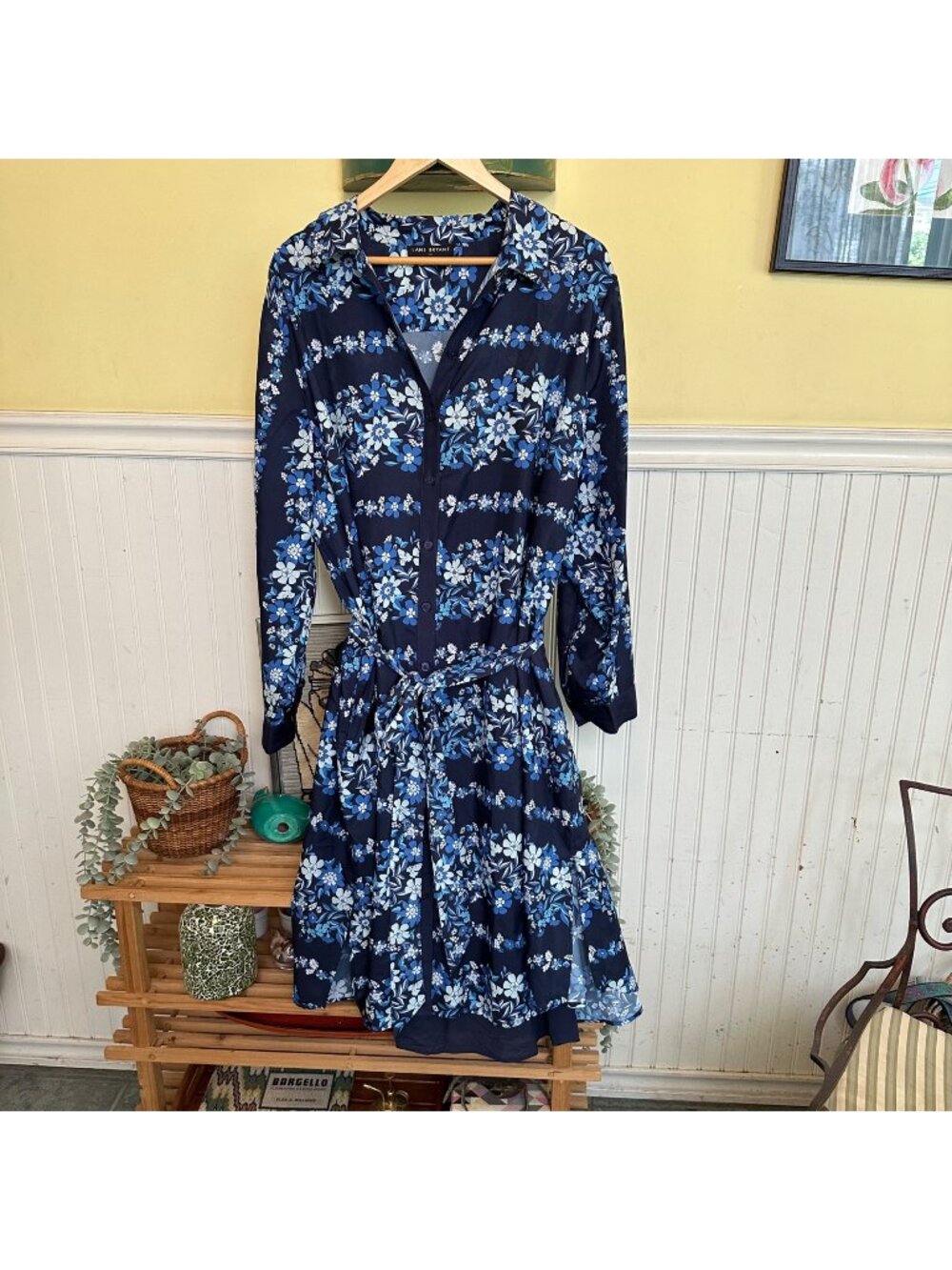 Lane Bryant Womens Size 22 Blue Floral Long-Sleeve Midi Dress With Waist Tie